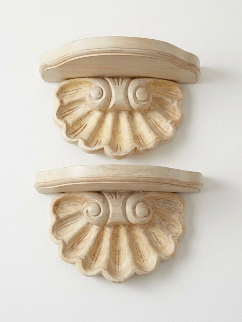 Vintage Carved Wood Wall Shelves Sconces Whitewash Large Scallop Shell Pair 18"